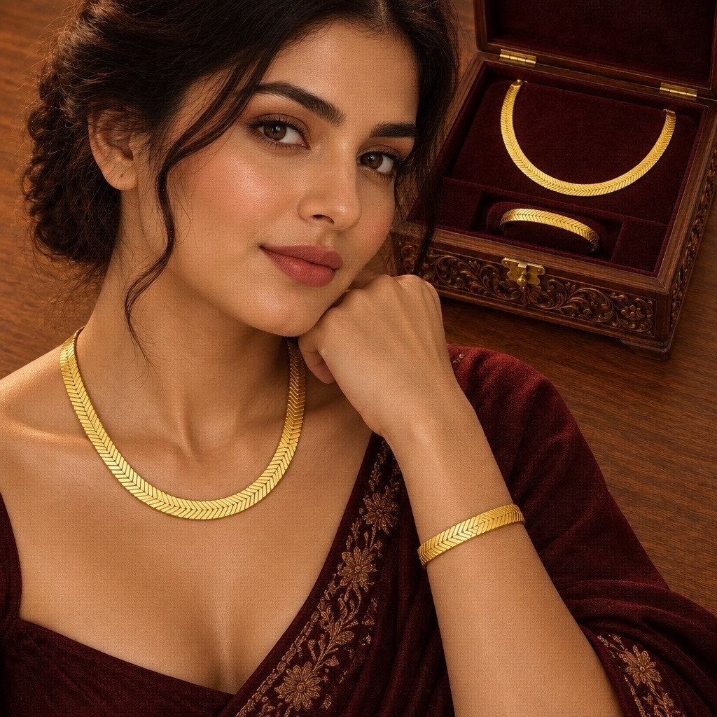 Vintage 14K Gold Plated Herringbone Chain Necklace & Bracelet Set • Flat Chevron