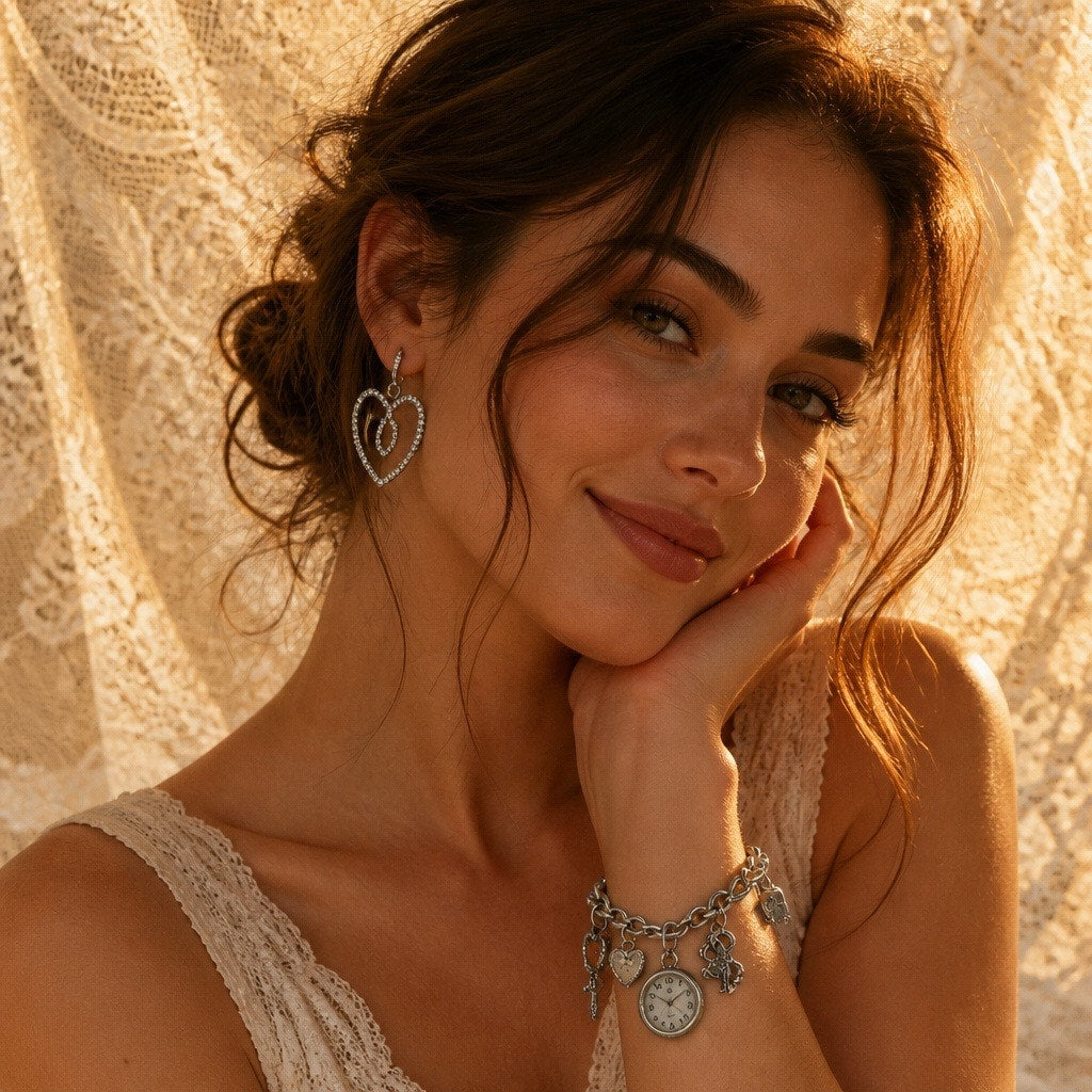 ✨ Silver Tone Coquette Jewelry Trio: Charm Bracelet Watch, Rhinestone Heart Hoops & Paperclip Chain Dangles