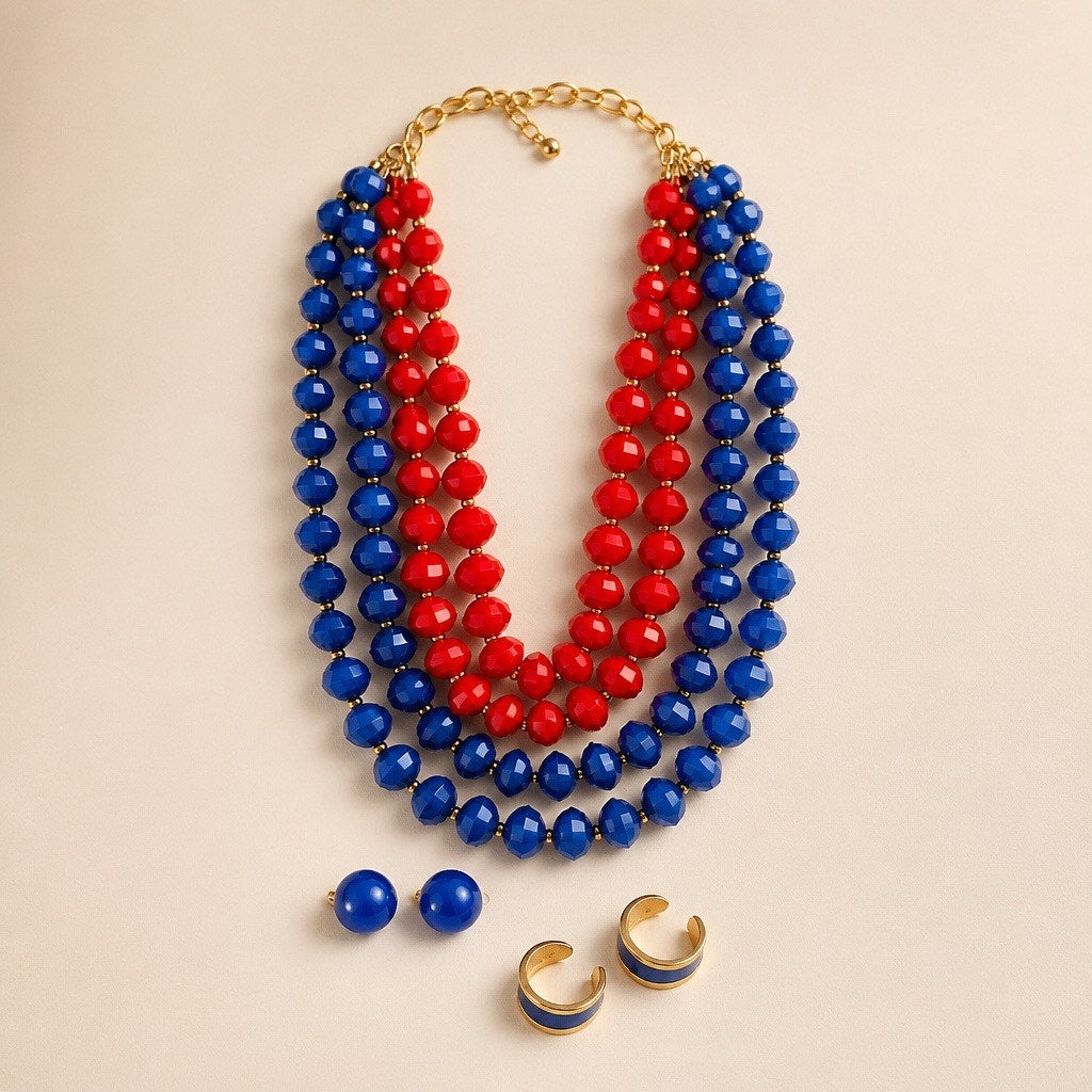Retired Premier Designs Royal Blue and Red Beaded Multi-Row Necklace & Dual Earring Set