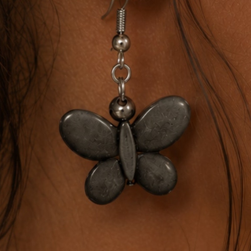 🦋 Midnight Stone Butterfly Drop Earrings – Handcrafted Artisan Design