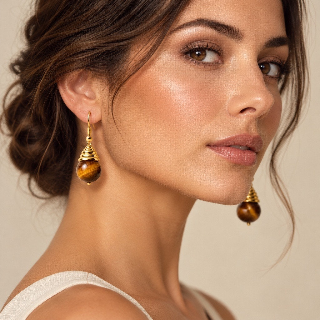 c.1976 Tiger's Eye Orb Drop Earrings, Fluted Gold Architectural Statement Drops