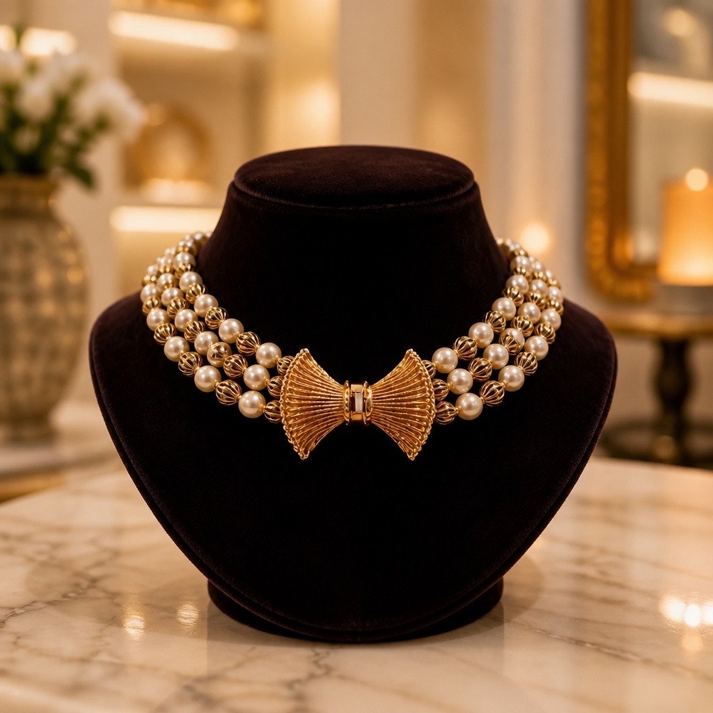 Gilded Estate Find • Vintage 3-Strand Fluted Gold Bead Pearl Statement Necklace ✨