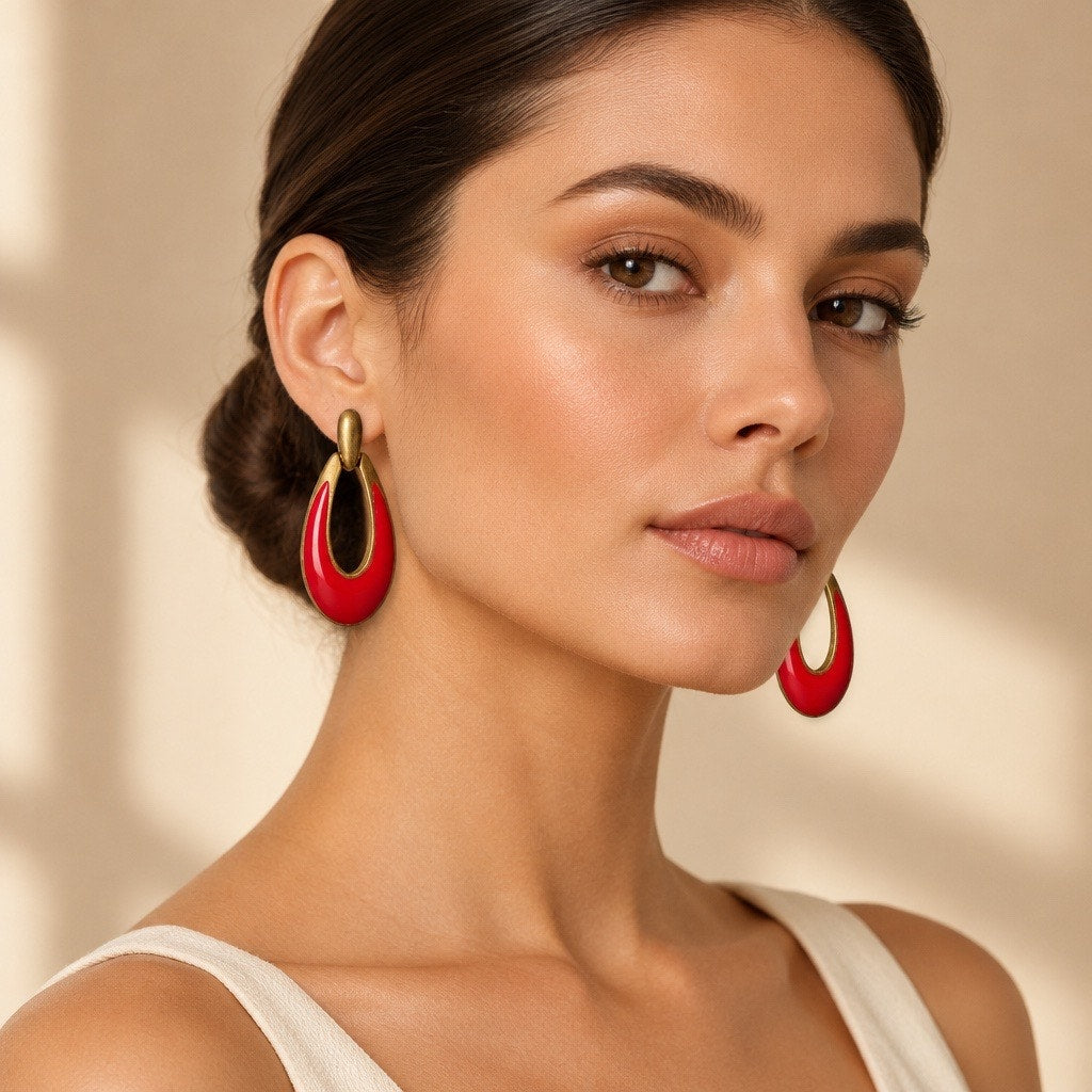 Vintage Style Red Oval Hoop Earrings, Satin Gilded Architectural Dangles