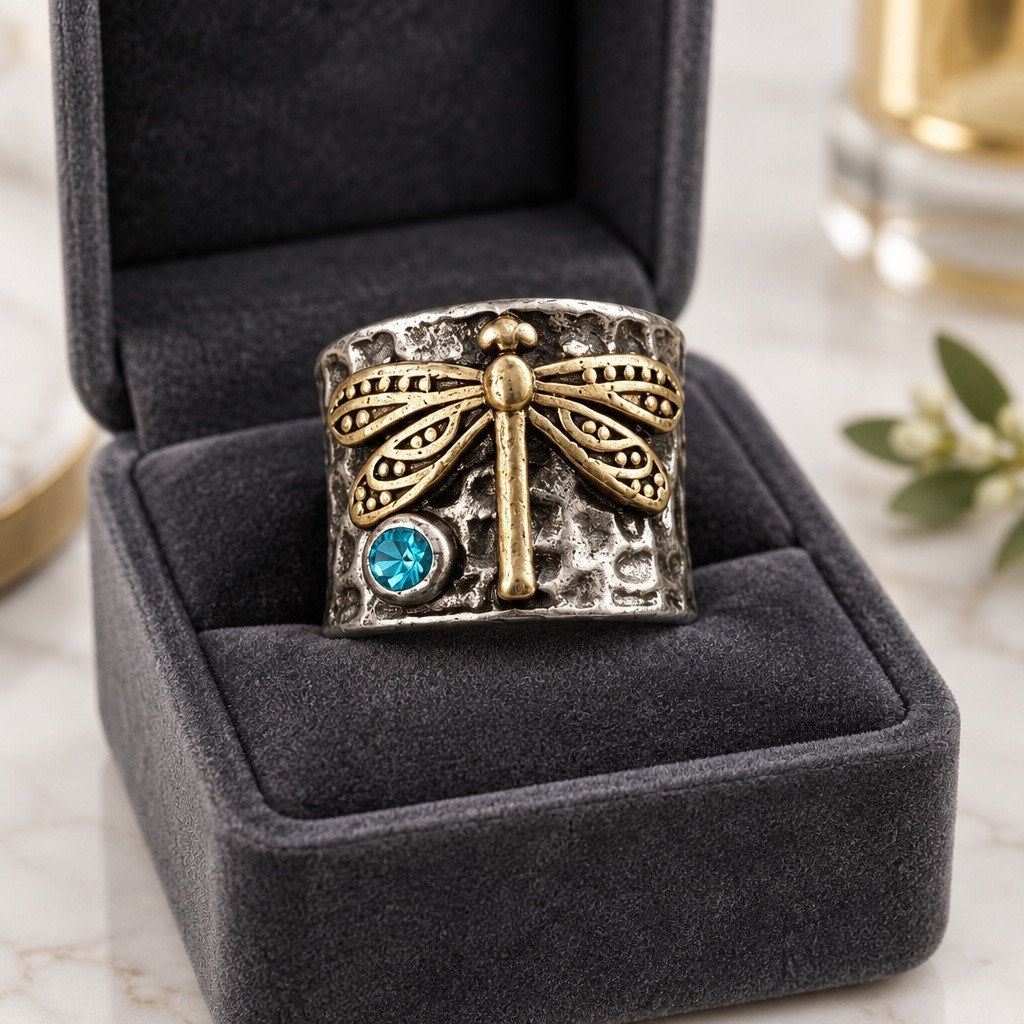 Dragonfly Accent Wide Band Ring
