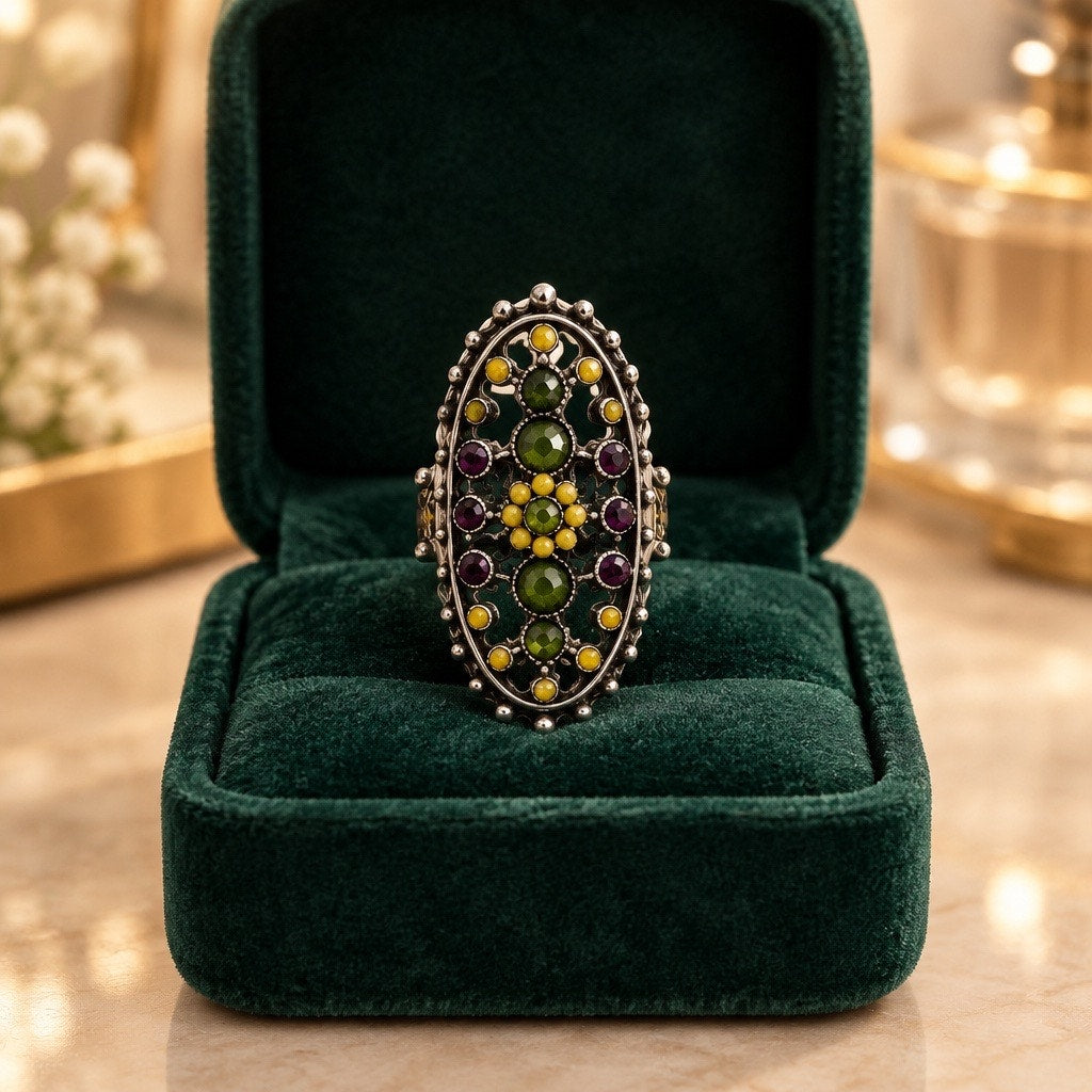 Boho Vintage Style  Earthy Floral Mustard Yellow Plum & Olive Green Silver Floral Statement Ring
