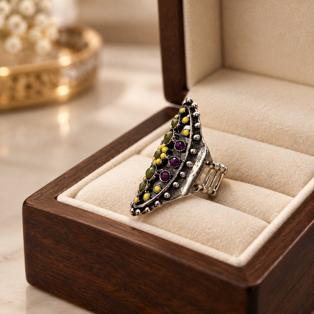 Boho Vintage Style  Earthy Floral Mustard Yellow Plum & Olive Green Silver Floral Statement Ring