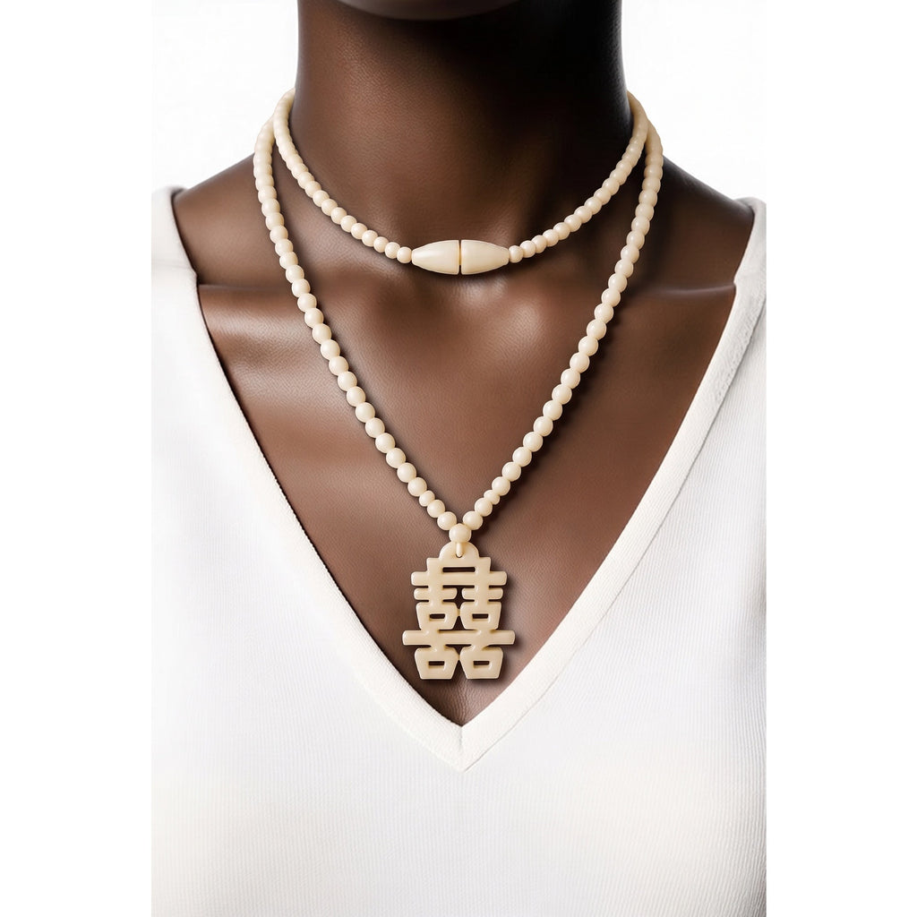 1970 s Vintage Hand-Carved Bovine Bone "Double Happiness" (囍) Beaded Pendant Necklace