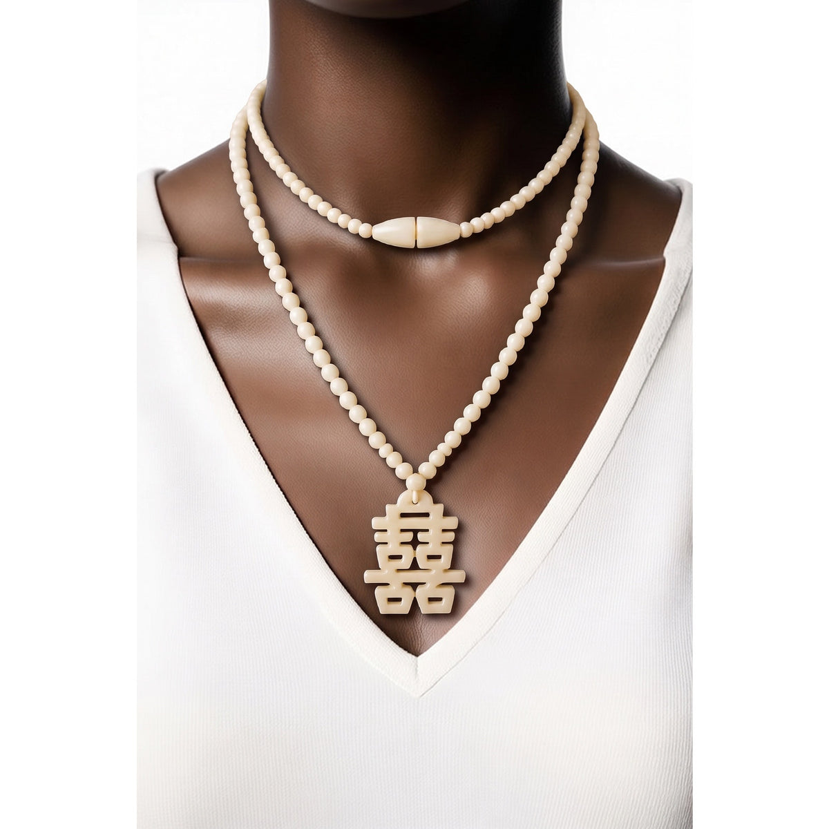 1970 s Vintage Hand-Carved Bovine Bone "Double Happiness" (囍) Beaded Pendant Necklace