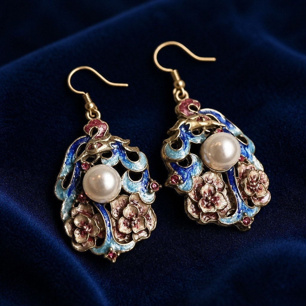 ✨ Art Nouveau Romance: Cloisinné Enamel Floral 9 k Gold Pearl Drop Earrings