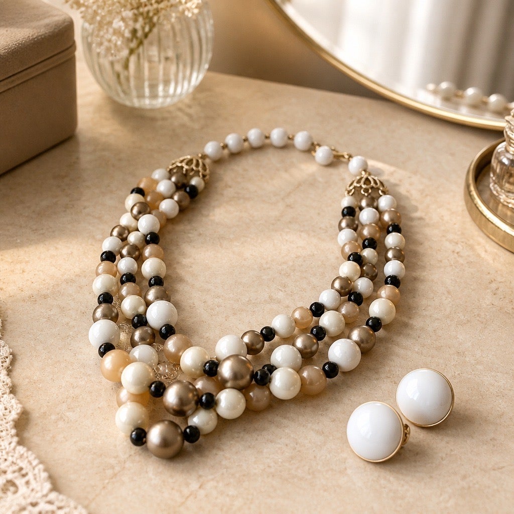 1960s Era: Classic Mid-Century Lisner Neutral Multi-Tone Graduated Bead Choker with Drop Hoops- 2 for 1