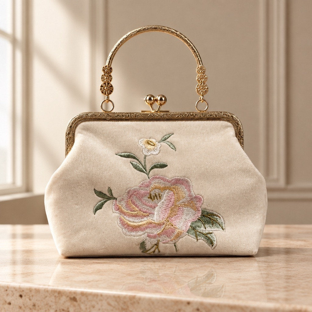 Embroidered Cream Velvet Gold Handle Clutch Bag-Filigree Gold Handle