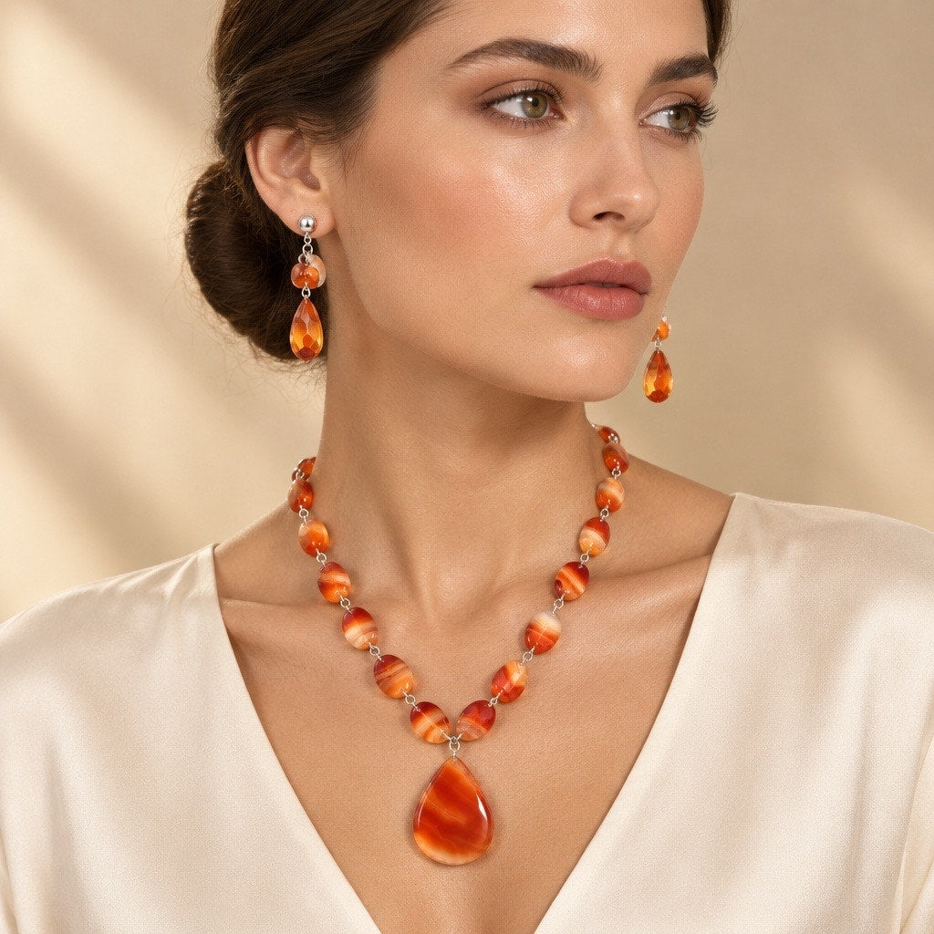 Vintage Artisanal Banded Carnelian Agate Statement Jewelry Set