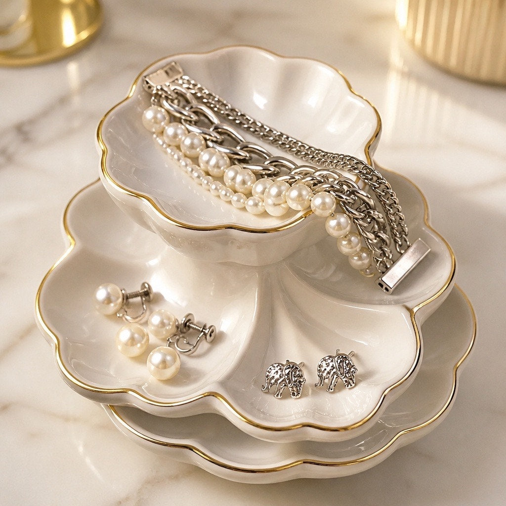 Silver Chain & Pearl Stack Bracelet Trio with Mid Century/Modern Earring Set