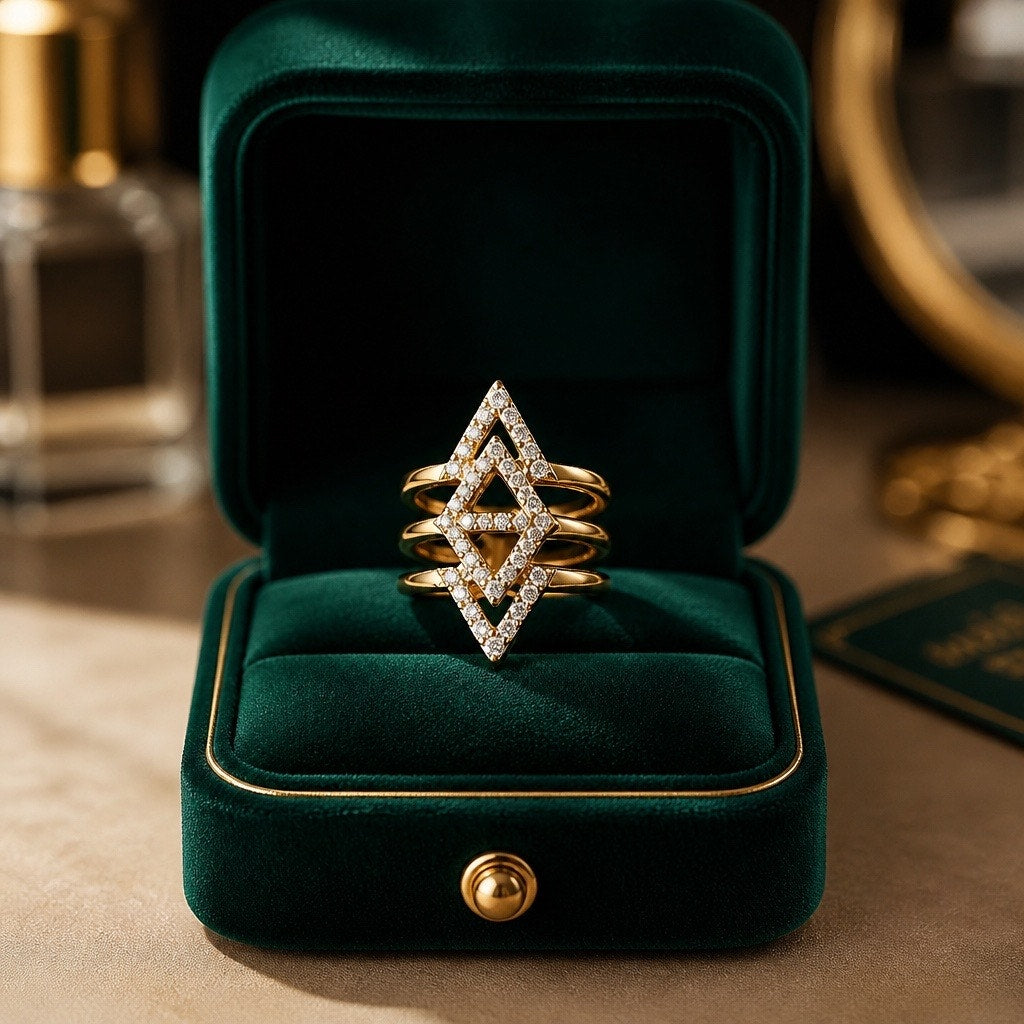 Gold Geometric Pavé Diamond Stackable Ring  adjustable