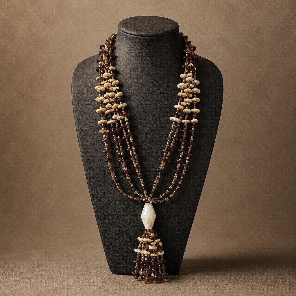 1970’s Vintage Boho 4-Strand Seed Bead & Carved Bone/Shell Lariat Tassel Necklace