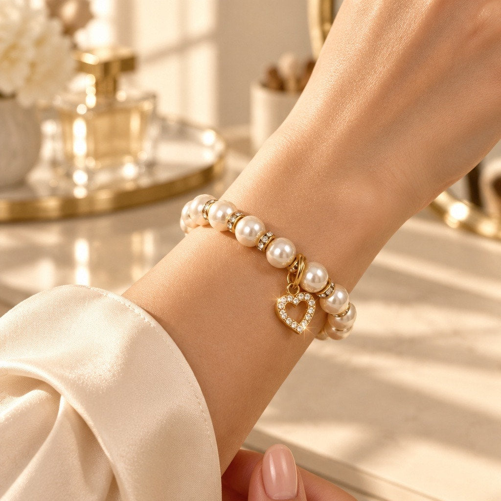 Coquette Pearl Rhinestone Rondelle Pave Heart Charm Bracelet