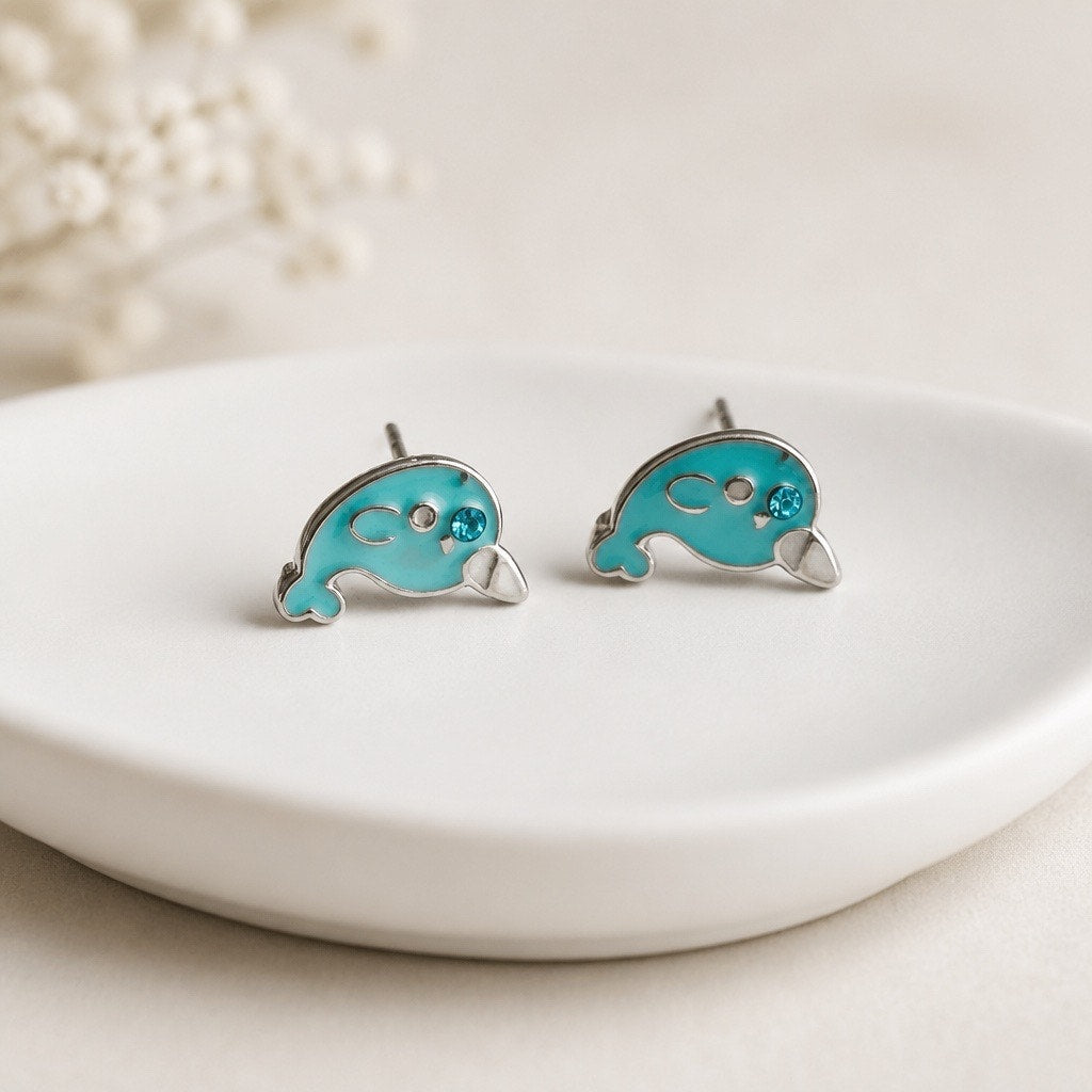 Dainty Silver Narwhal Whale Earrings – Enamel Marine Animal Stud Jewelry