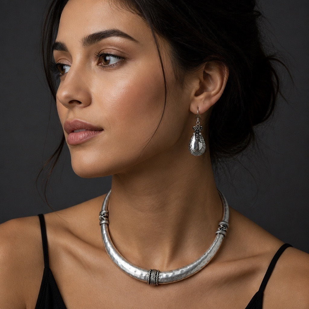 Vintage Chico's Brutalist Wire-Wrapped Silver Statement Collar with Curated Paisley Earrings