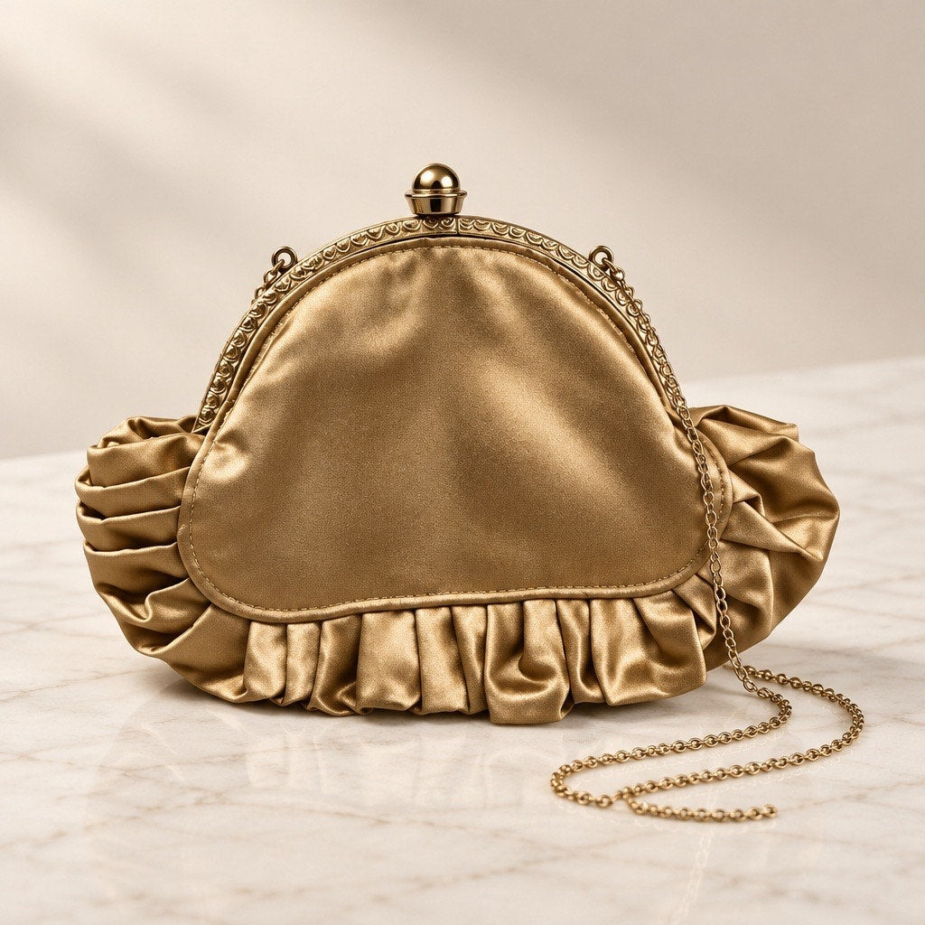 Mid-Century Gold Satin Ruched Evening Bag | Crown Pearl Clasp