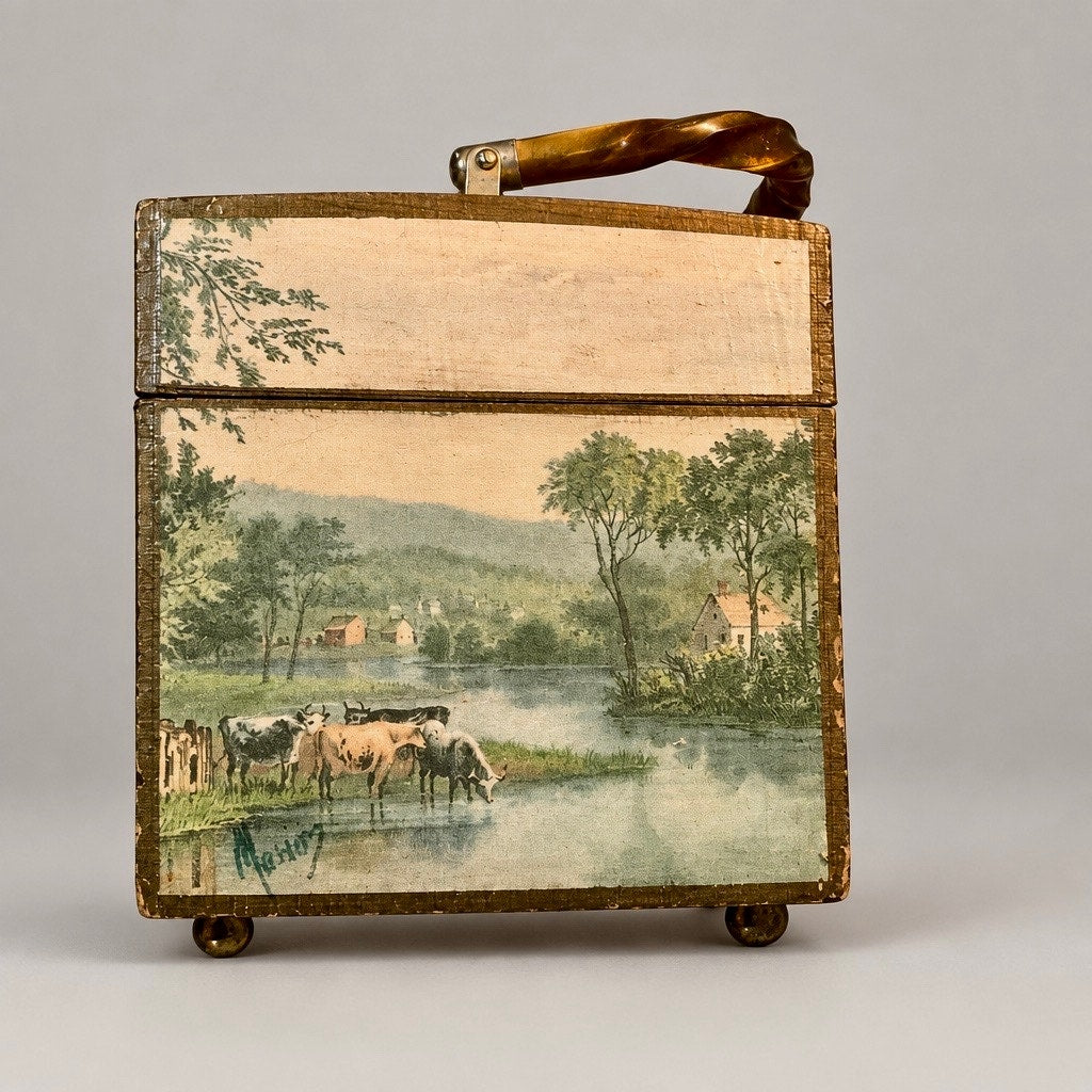 Anton Peck "1960s Americana Decoupage Box Purse with Tortoiseshell Lucite Handle