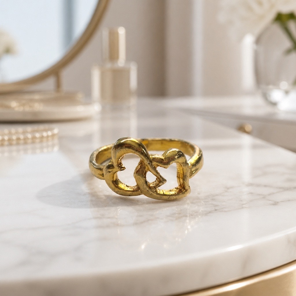 The Juliet Band: Retro 1990s Sculpted Twin Hearts Gold Plated Stacking Ring  (beautiful patina)