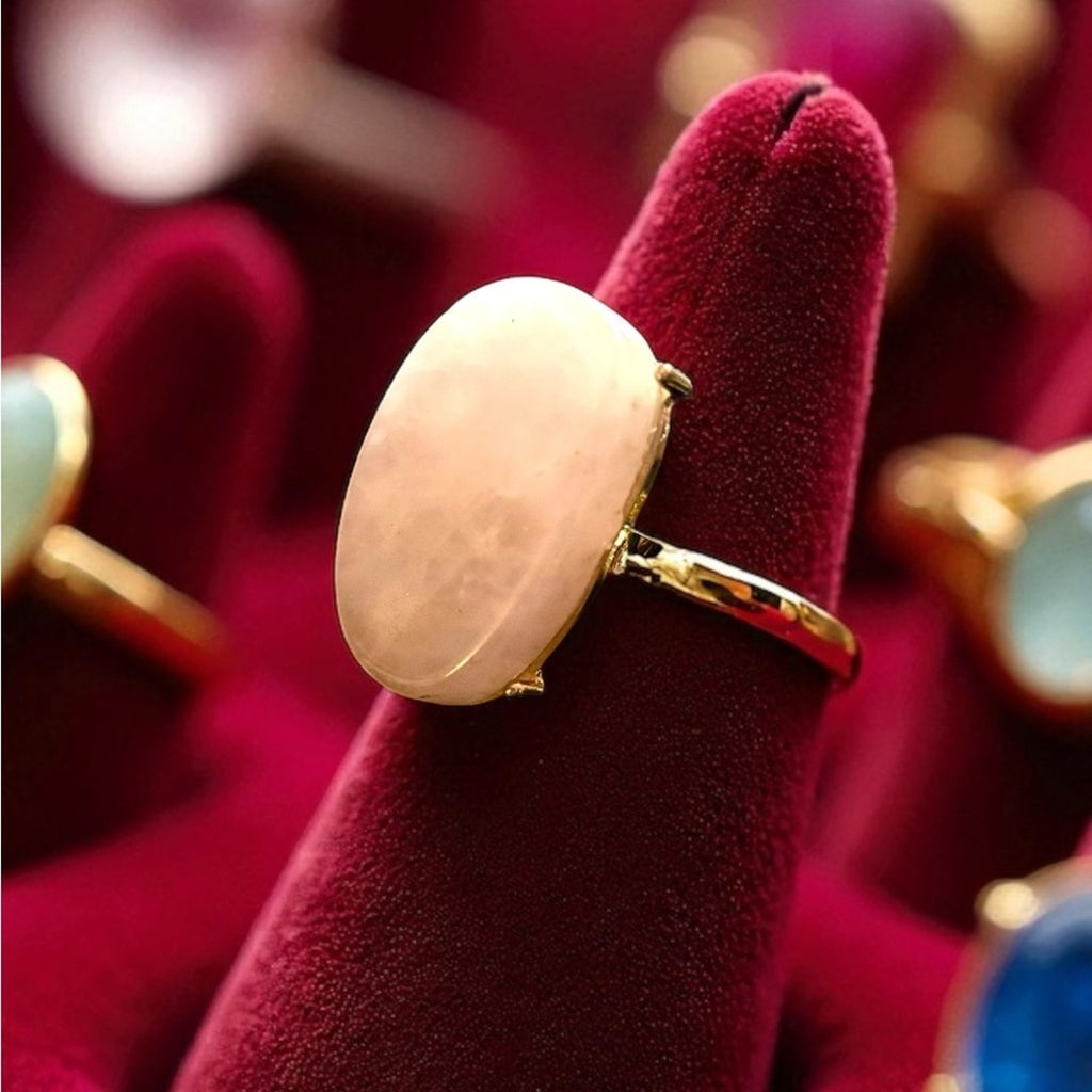 Natural Rose Quartz Oval Statement Ring | Minimalist Band