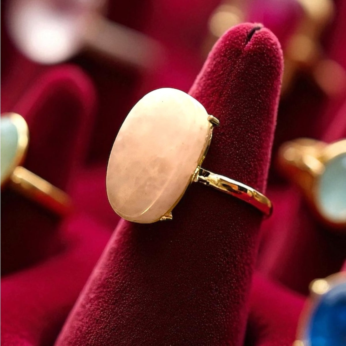 Natural Rose Quartz Oval Statement Ring | Minimalist Band