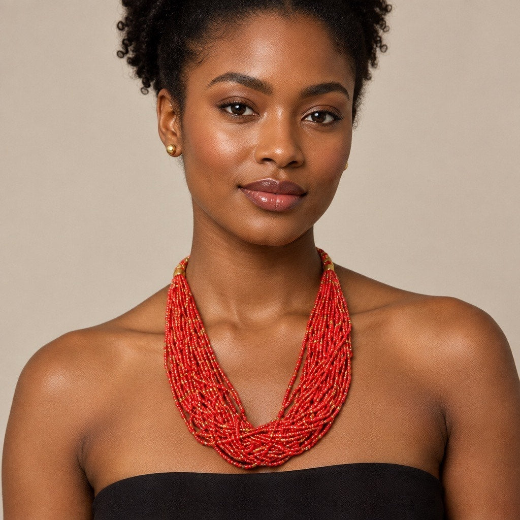 Vintage Multi-Strand Red Glass Seed Bead Statement Bib Necklace Gold Tone