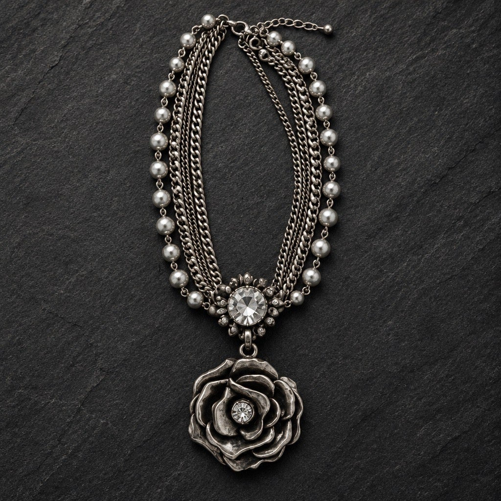 c.2000s Vintage Signed Lia Sophia Multi-Strand Rose Rhinestone Necklace