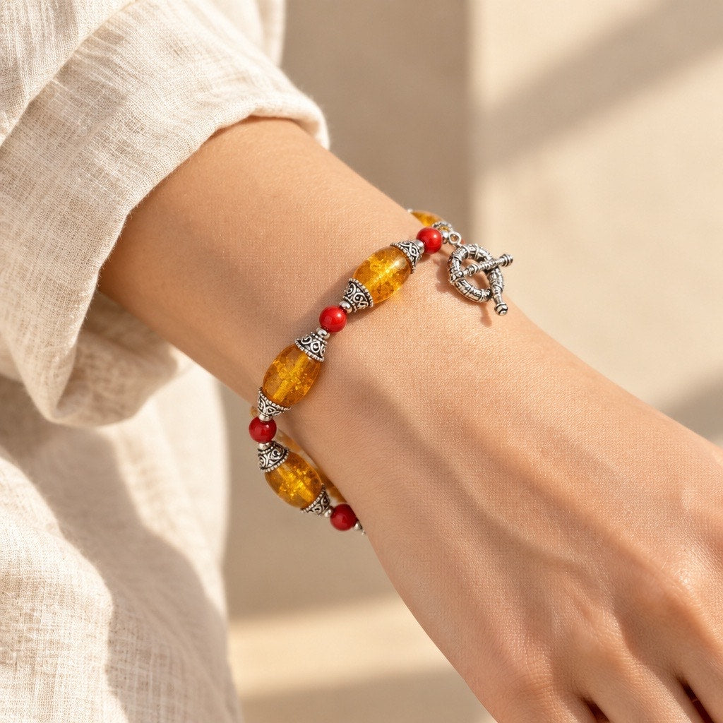 Genuine Baltic Amber  & Coral Red Filigree Statement Bracelet