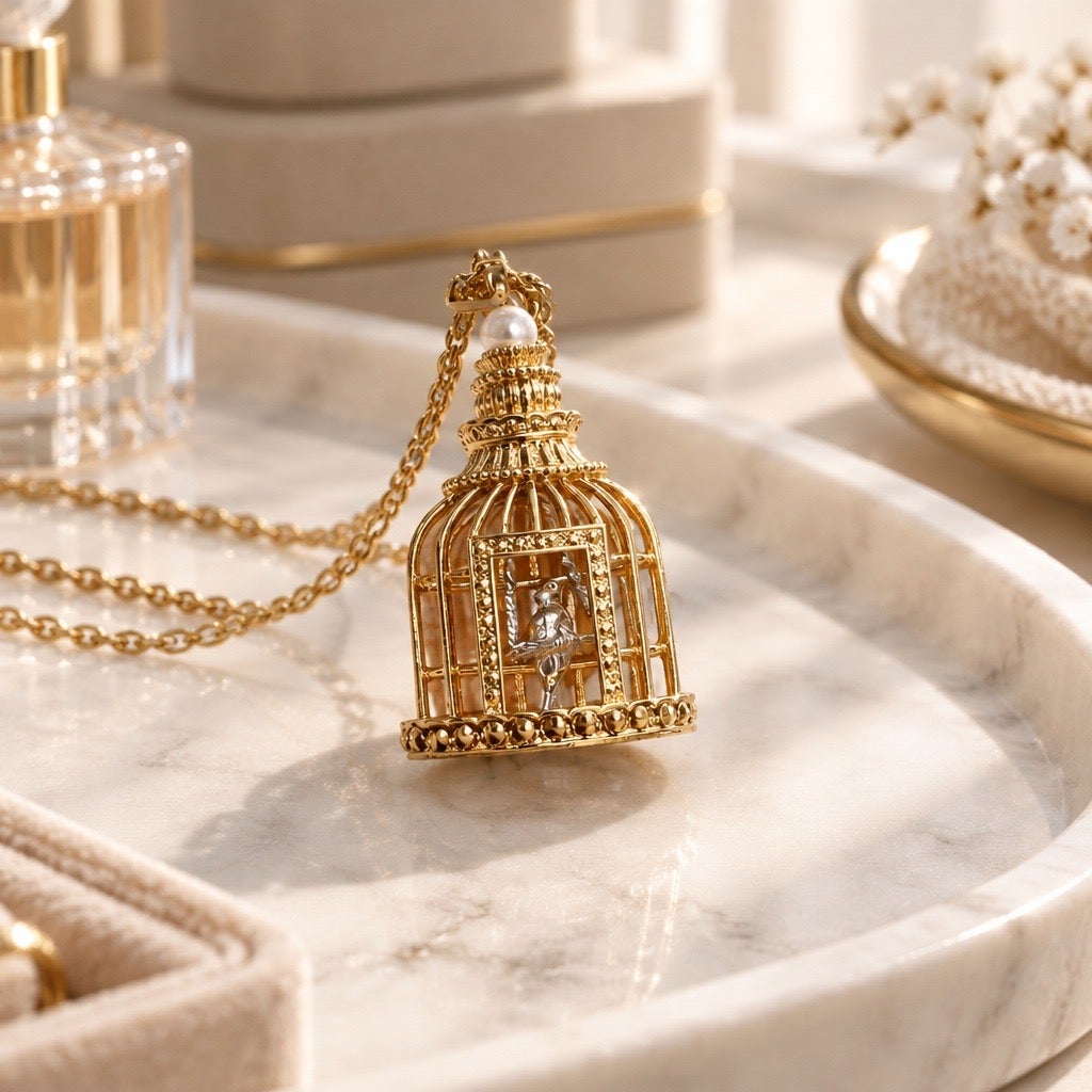 The 1996 Avon "Plume" Articulated Birdcage Pendant Necklace