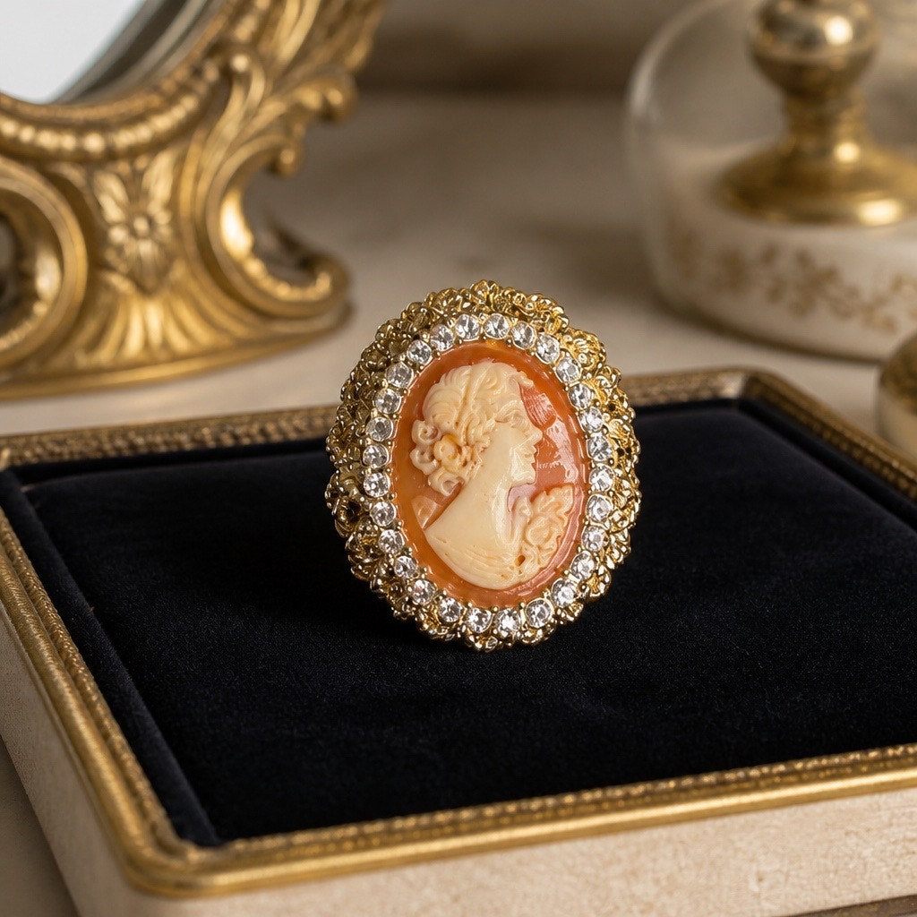 ✨ Luxury Estate Find: Signed AMEDEO Rhinestone Cameo Cocktail Ring • Size 6