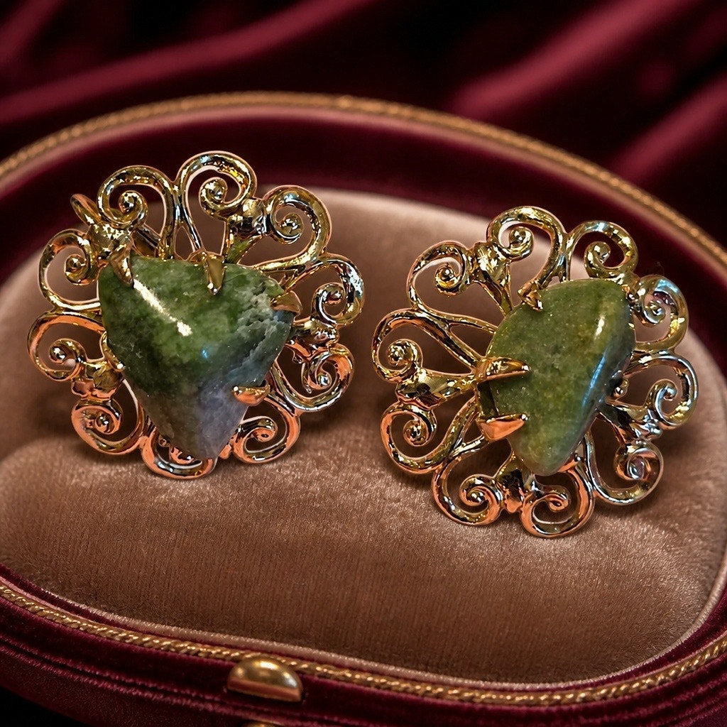 Vintage 1960s Coro Signed Gold-Tone Filigree Earrings • Ornate Green Cabochon