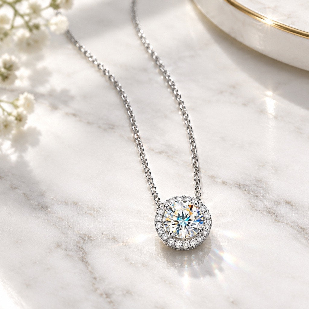Genuine 1 Carat Moissanite Halo Pendant Necklace, Solid 925 Sterling Silver