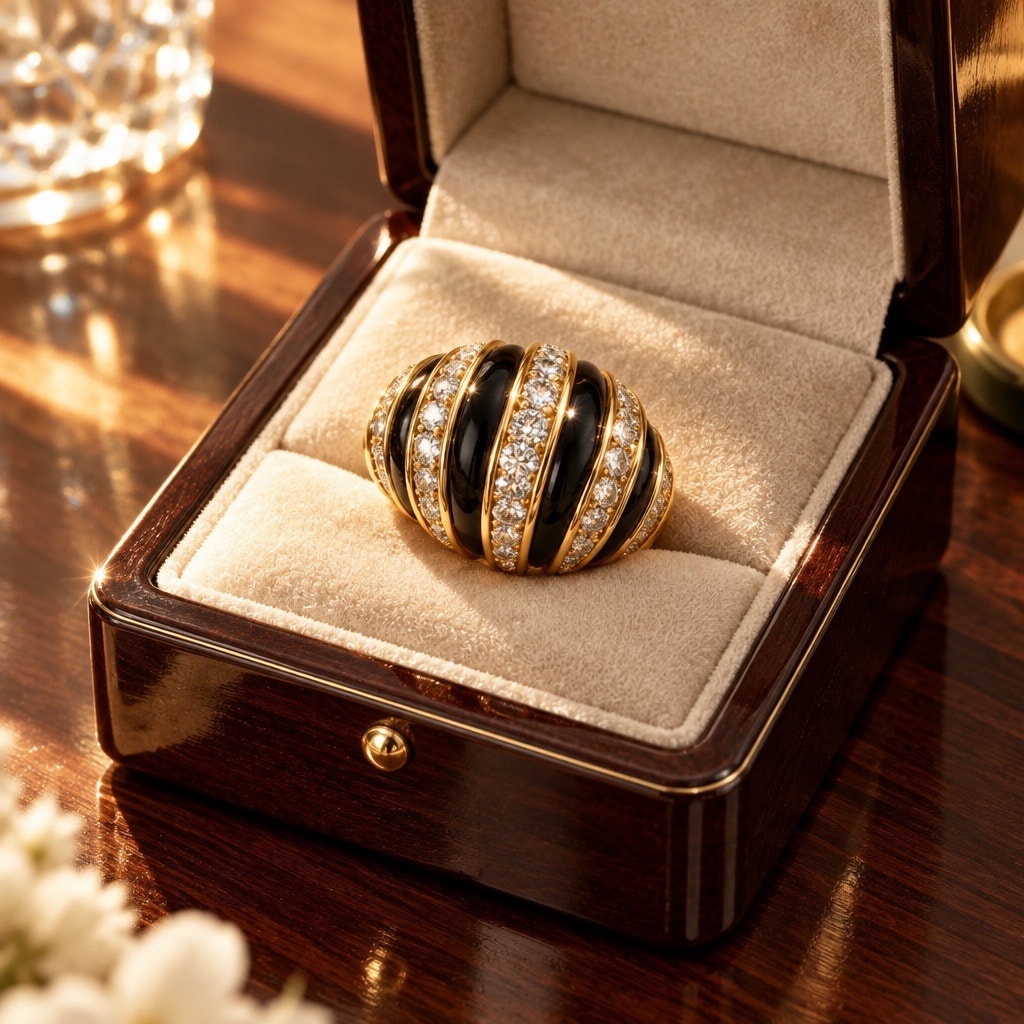 Vintage Discontinued Signed MONET Gold-Tone Black Enamel & Rhinestone Zebra Dome Ring