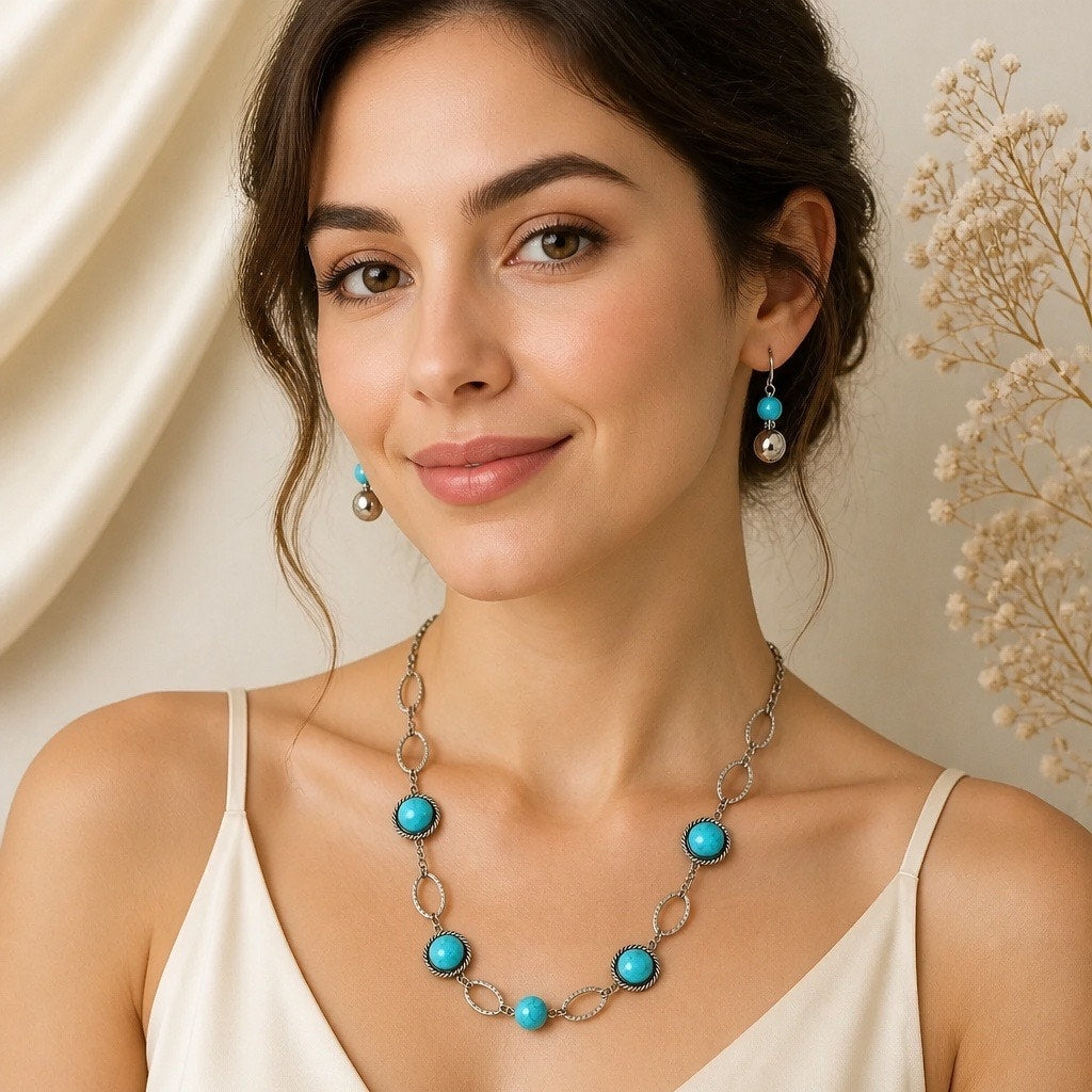 Curated Santa Fe Turquoise Cabochon Station & Silver Bead Earring Set