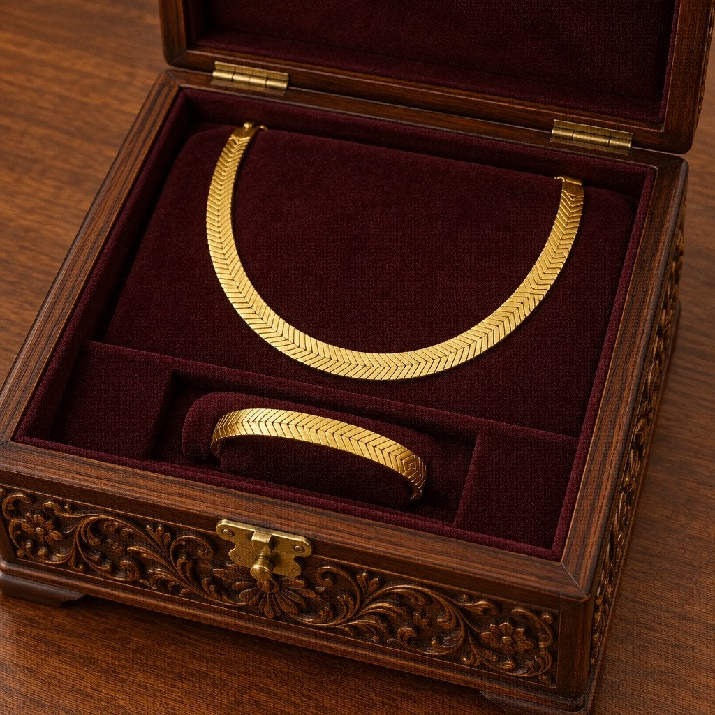 Vintage 14K Gold Plated Herringbone Chain Necklace & Bracelet Set • Flat Chevron