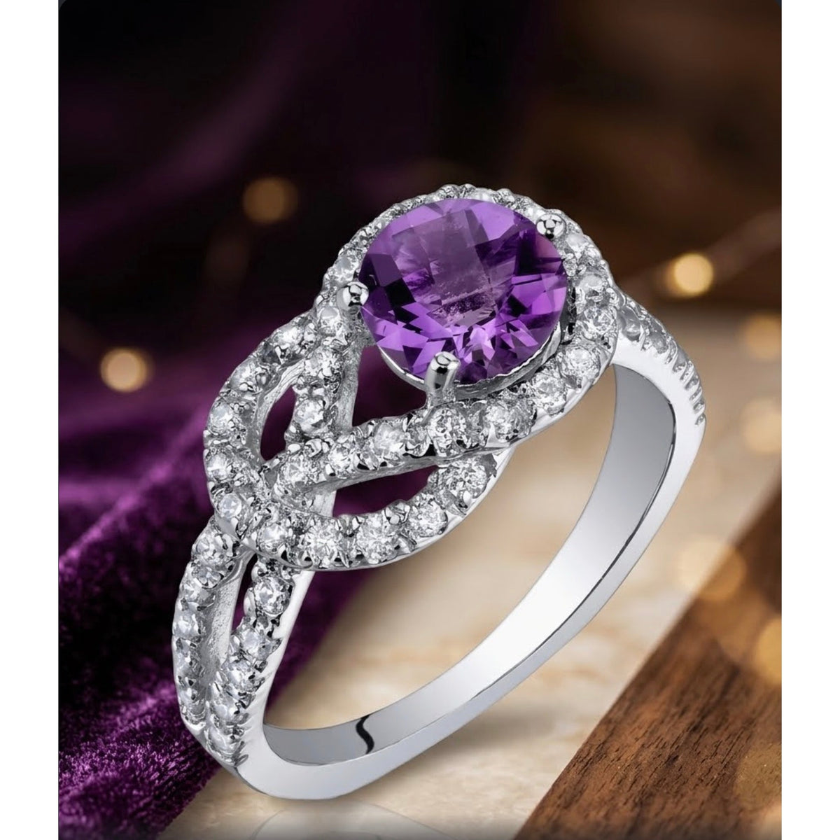 925 Sterling Silver Round Amethyst Infinity Ring Pave Statement Band
