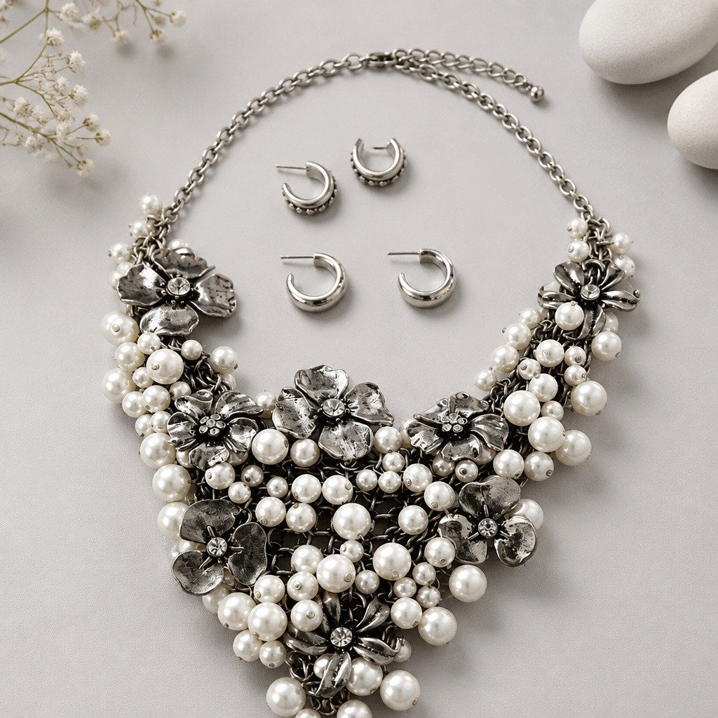 Silver Floral Bib Pearl Necklace Curated Set (3x)- Mid Century