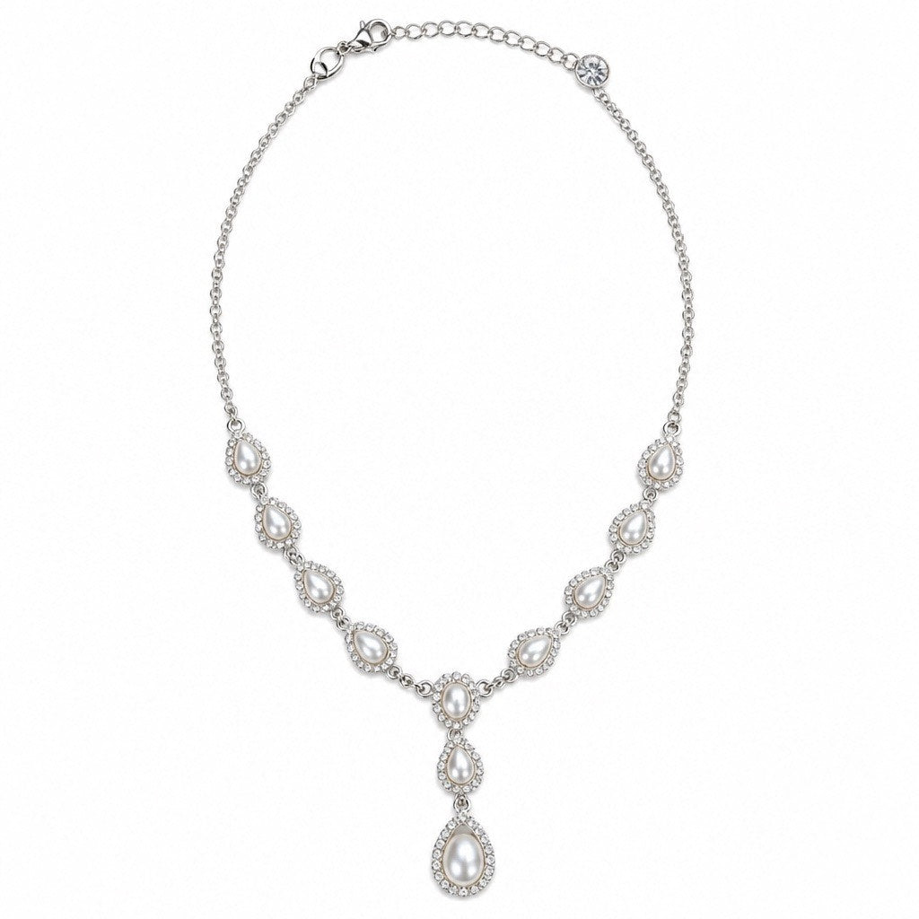 Mariell Signed The Teardrop Pearl and Crystal Y-Necklace