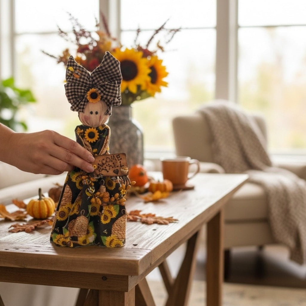 Handcrafted Primitive Sunflower Bee Welcome Y'all Doll