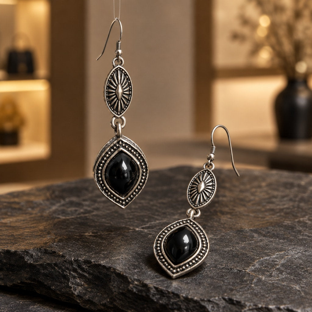 Vintage Black Onyx Marquise Drop Earrings, Antiqued Silver Gothic