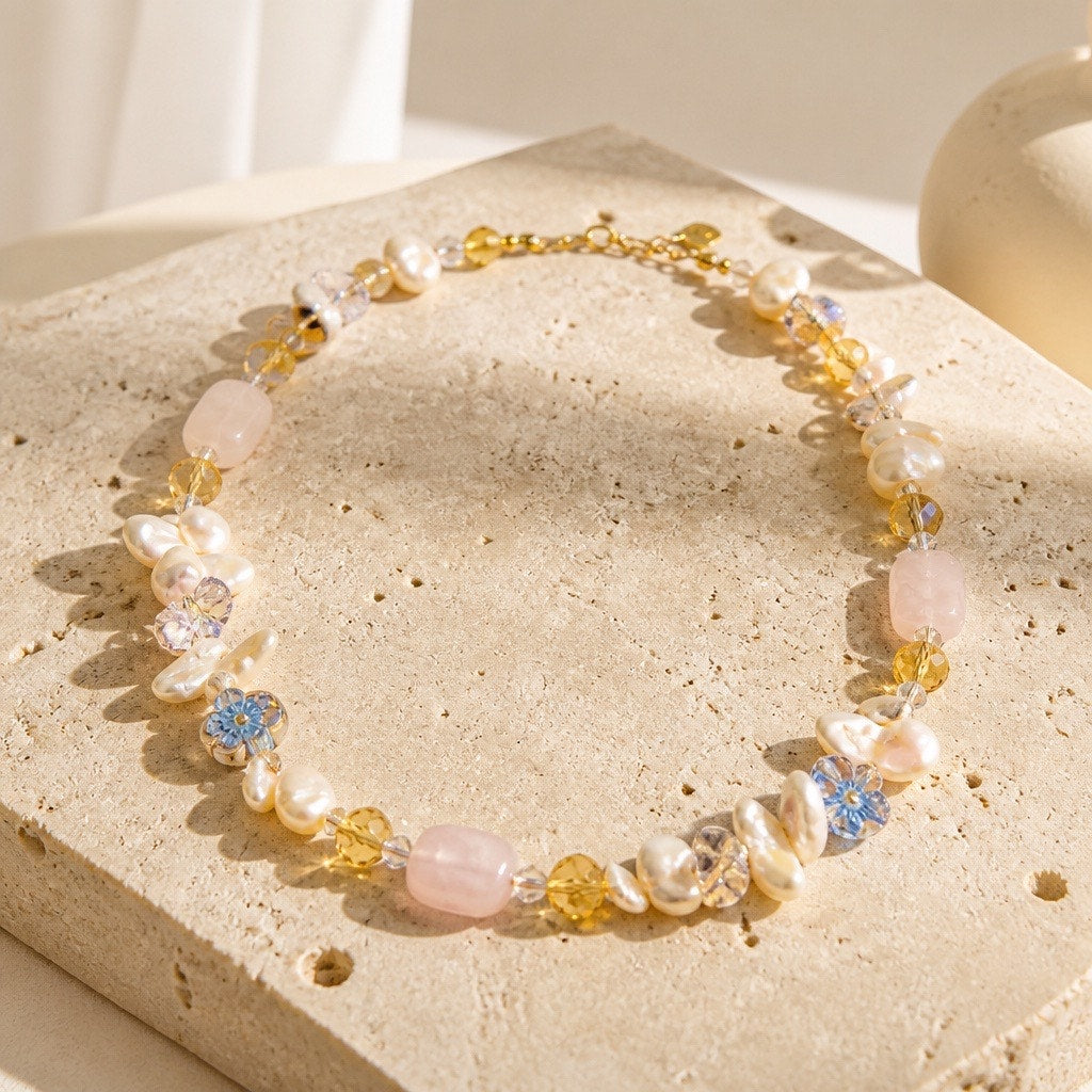 Vintage Pastel Coastal Necklace – Rose Quartz, Mother of Pearl & Faceted Crystal Statement Necklace – Rose Quartz, Mother of Pearl & Faceted Crystal