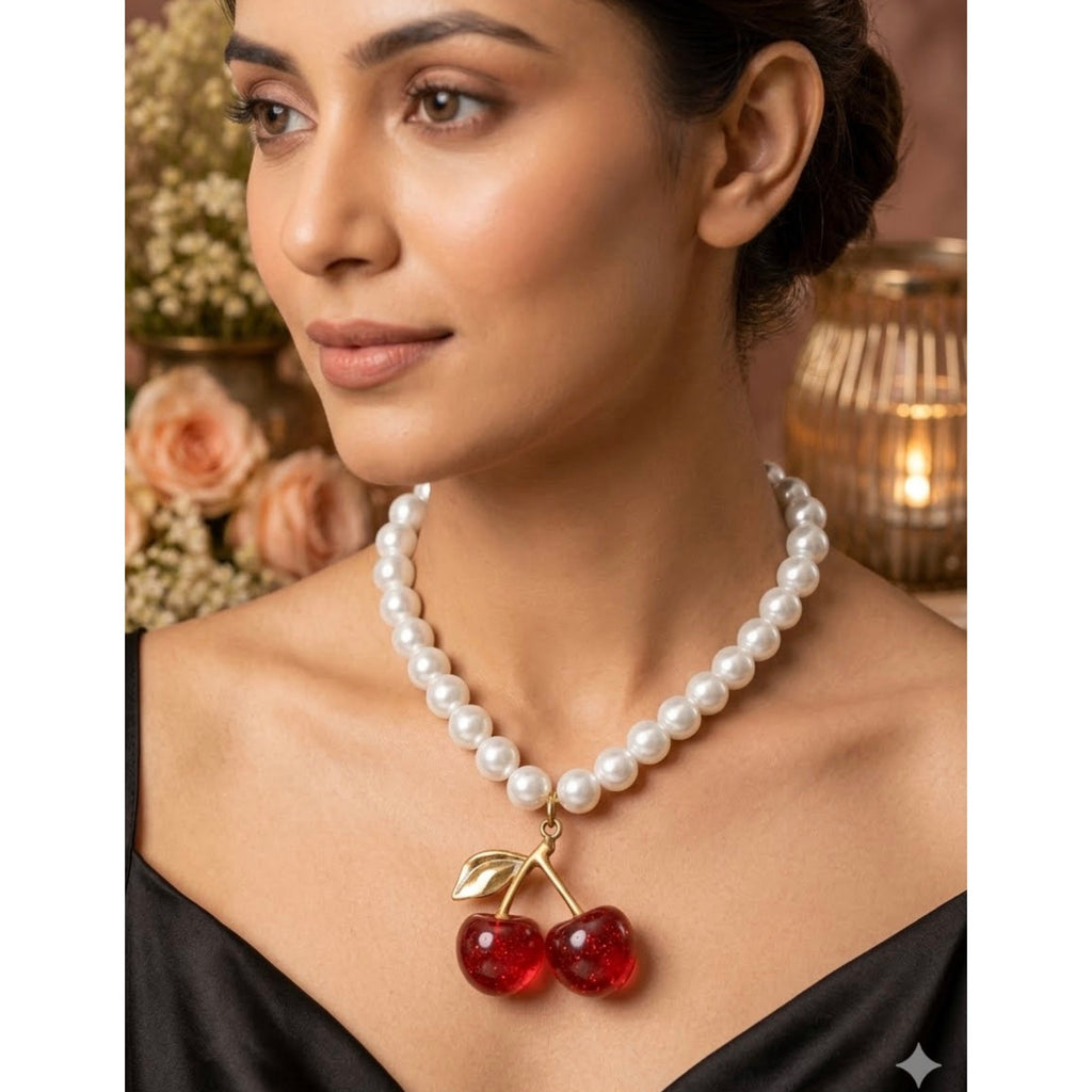 Retro Red Cherry Pearl Statement Necklace