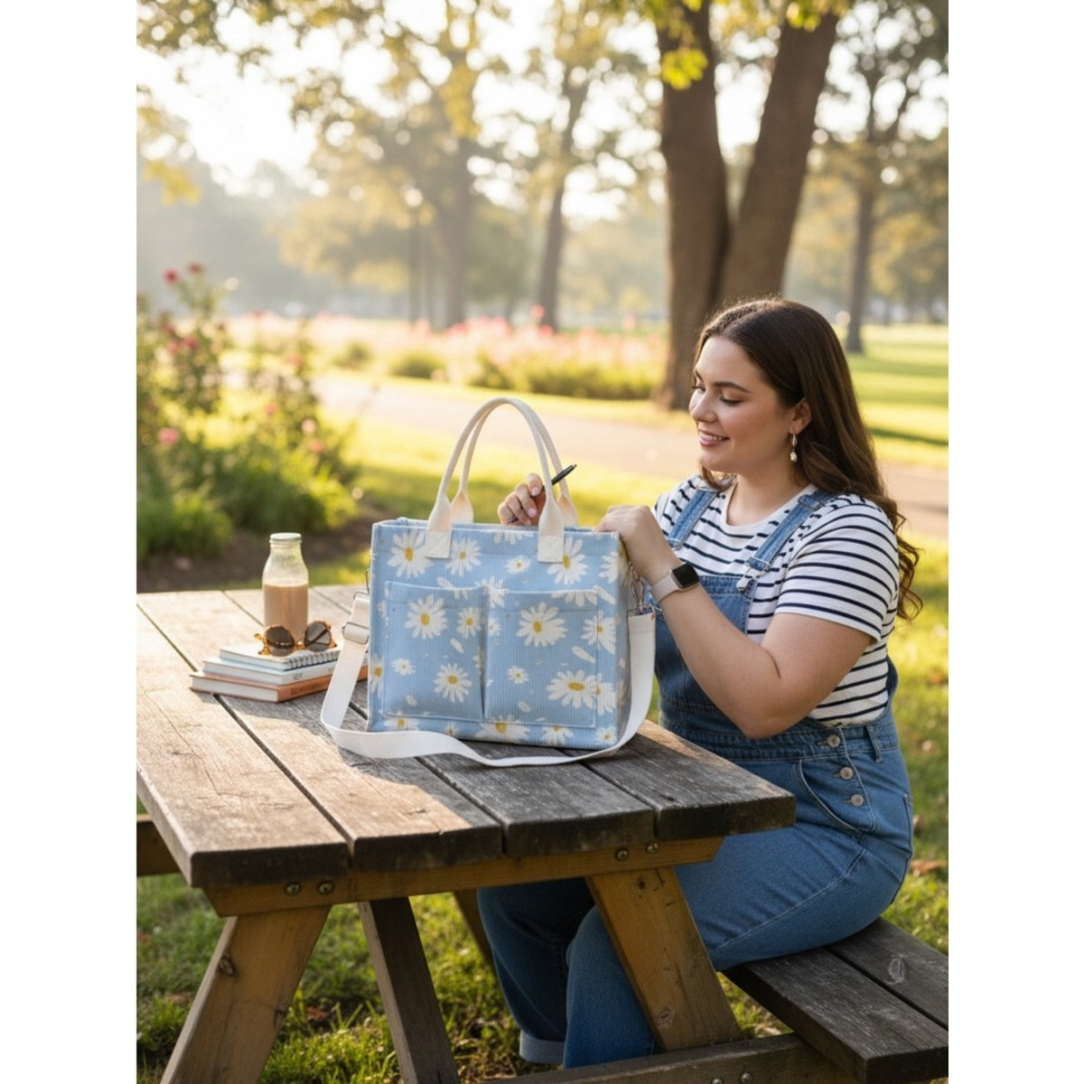 Daisy Print Canvas Tote Bag - Light Blue Excellent quality