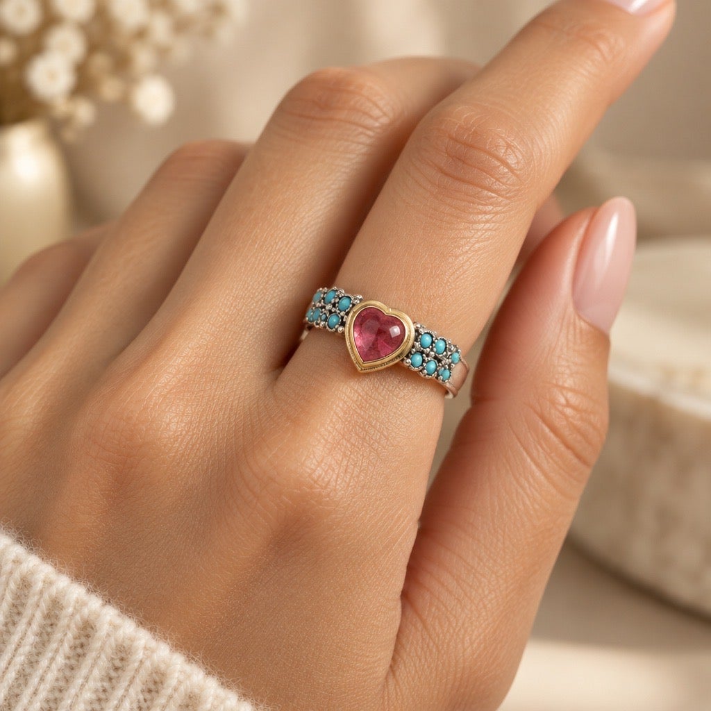 C.Y2K Custom Restored 925 Sterling Silver Pink Crystal Heart and Aqua Pavé Ring