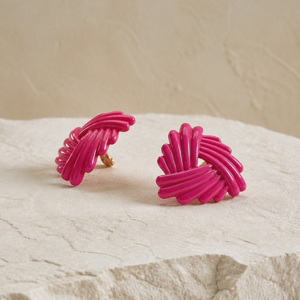 The Brigitte Ribbon Studs – Vintage 80s Style Hot Pink Woven Geometric Earrings
