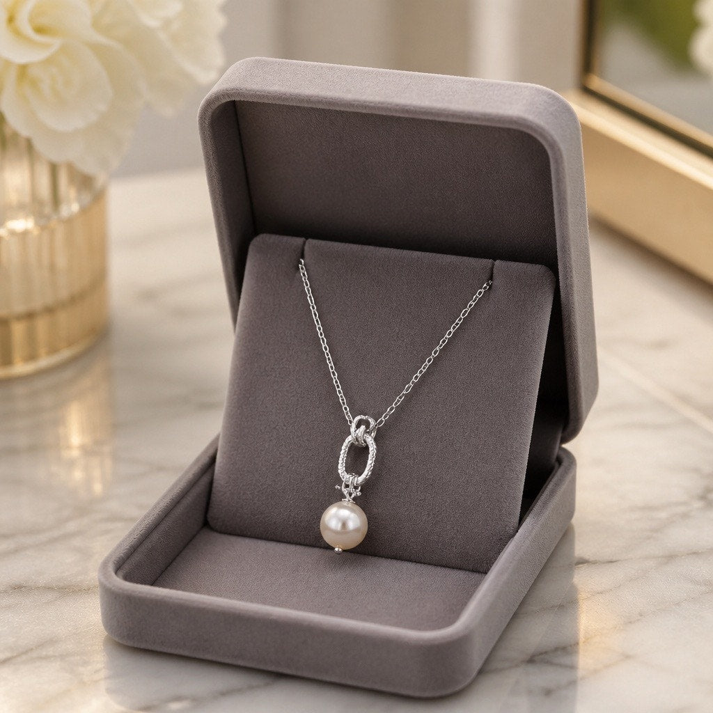 VTG Avon Silvertone Pearl Drop Pendant Necklace Interlocking Oval Link