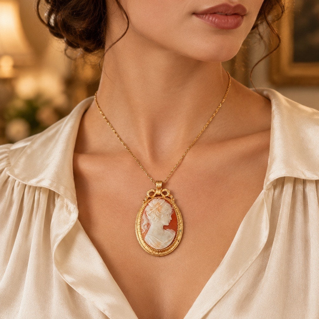 VTG 1950s  LISNER Cameo Pendant Lady Portrait with Ribbon Bow Frame