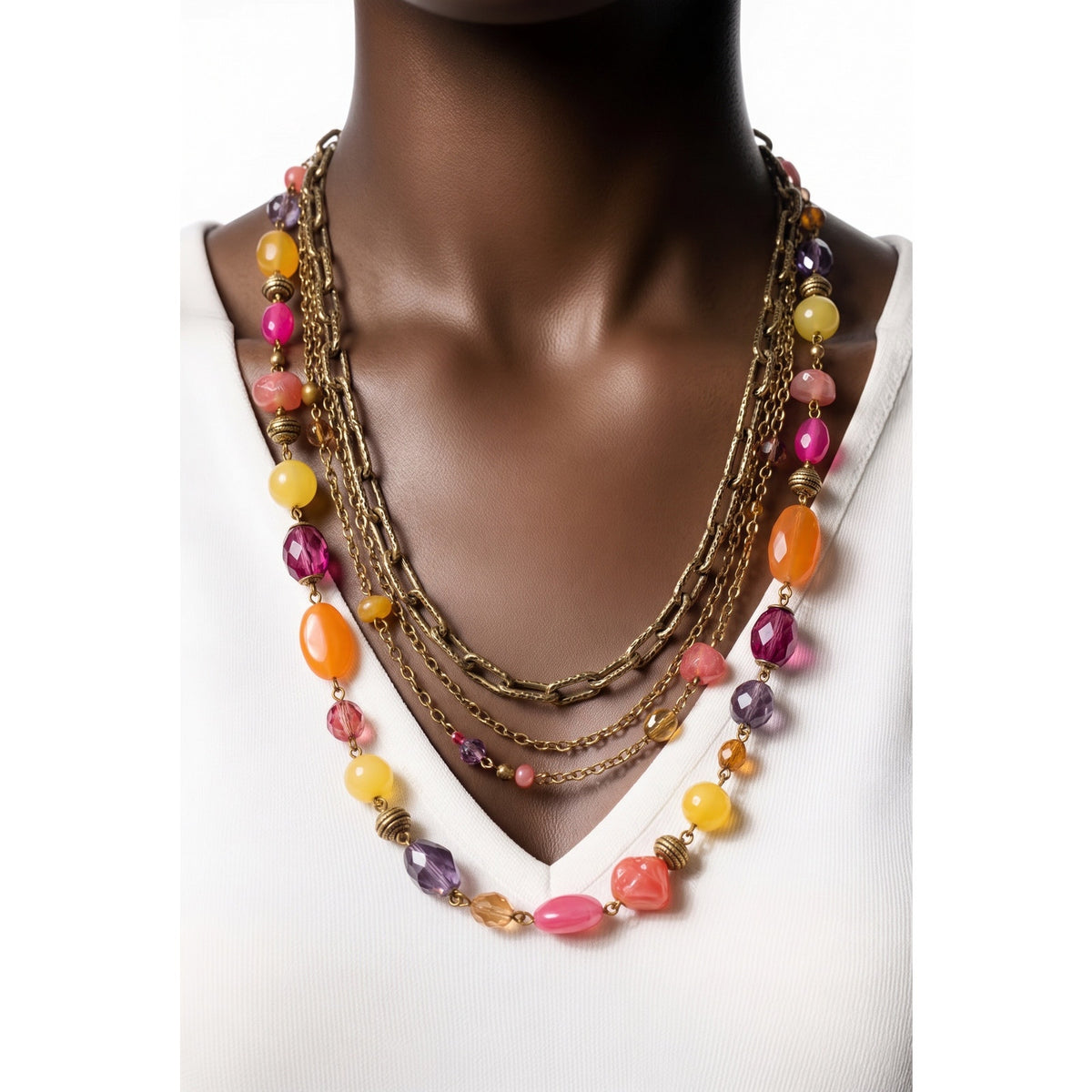 Vintage Lia Sophia Layered Boho Statement Necklace - Sunset Tones Pink, Orange & Yellow Mixed Media Beads